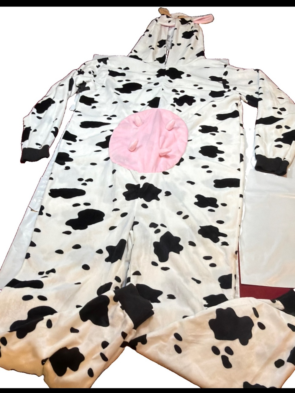 Fun World COW Adult White Black udders Horns Hood Jumpsuit Medium Funny Costume